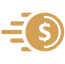 Gold dollar coin icon with speed lines on beige background, representing fast money or financial success.