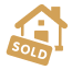 Wooden house symbol with "SOLD" text inside, representing a successful real estate sale, on white background.